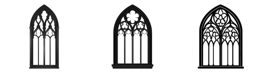 Gothic window designs isolated on transparent PNG, ideal for architecture-themed projects and dark illustrations