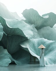 A person wearing a straw hat walking in a large lotus leaf, lotus seed and lotus flowers.