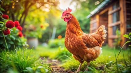 Selective focus shot of a red chicken in the garden