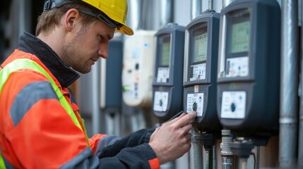 A worker checking smart meters for water usage data.