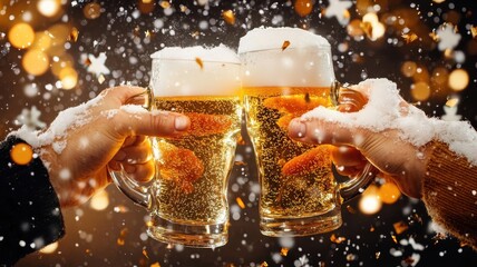 Friends are happy drinking beer and clinking glasses at a bar or pub with fireworks,countdown,Celebration New Year's Eve,Design for posters, banners and greeting cards,Luxury template,copy space.