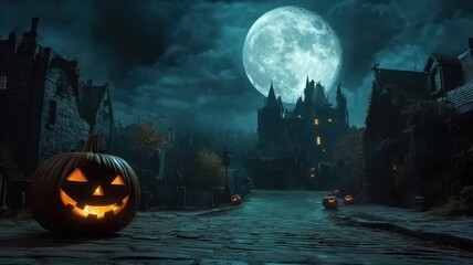 Naklejka premium Halloween pumpkin lantern on empty street with Full moon on background in midnight,Happy halloween greeting text,Trick or treat,october month,spooky and ghost,Halloween day banner,copy space.