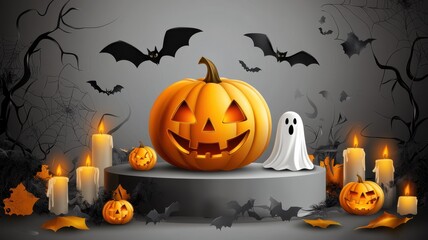 Happy Halloween White Podium in moonlight, pumpkin, bat flying,black friday,autumn sale,Jack o Lantern pumpkin carving scary,creepy,spooky,banner,poster,Vector illustration Halloween day.