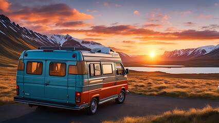 RV Motorhome camper van road trip. Tourists in rental car campervan by view of mountains in beautiful nature landscape on the road in Iceland at sunset. People on travel vacation adventure