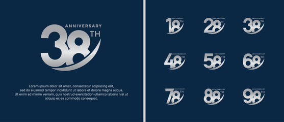 set of anniversary logo flat silver color on blue background for celebration moment