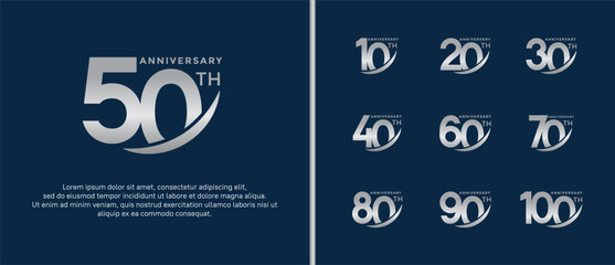set of anniversary logo flat silver color on blue background for celebration moment