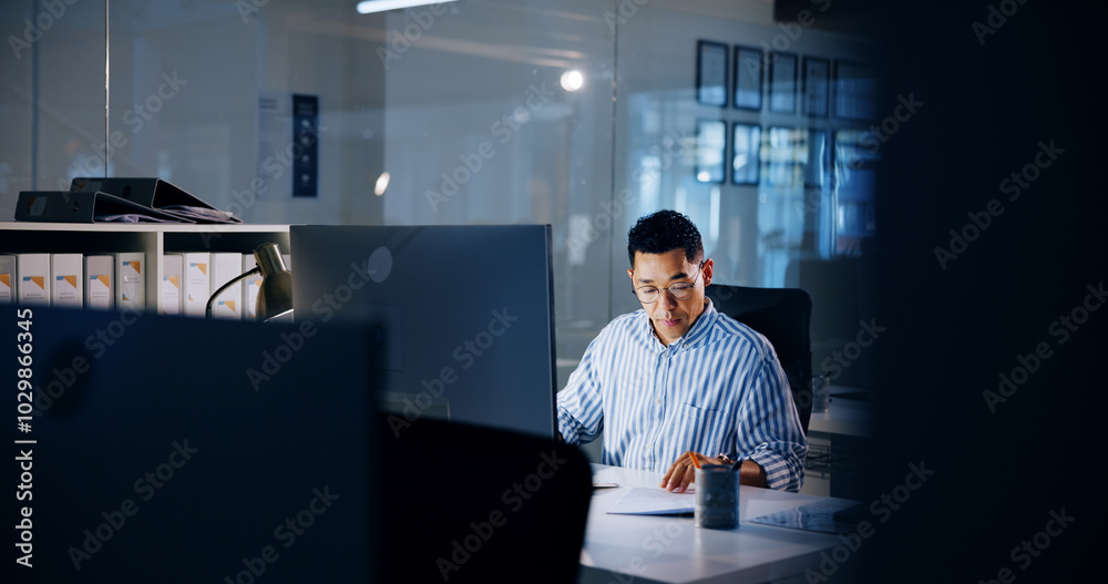 Poster reading, night and computer with business man in office for profit margin report, client review and 