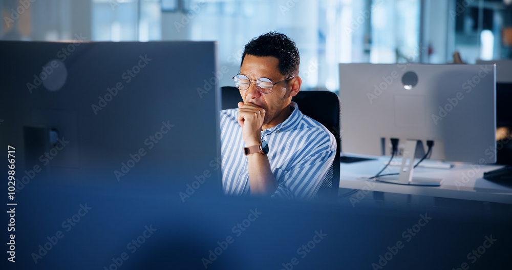 Aufkleber Tired, night and yawning with business man and computer for deadline report, overtime and advisory. Research, fatigue and reading with person in office for investment portfolio, burnout and email