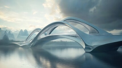 A futuristic, sleek, and modern bridge spans a calm river with a mountain range.