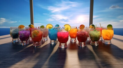 Colorful Cocktails on a Deck with Ocean View