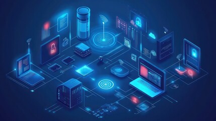 An isometric illustration of a network of connected devices and data, representing a modern data center or cloud computing system.