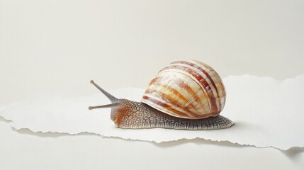 A snail with a brown striped shell crawls on a white background.