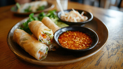 Fresh vegan Thai spring rolls served on plate with dipping sauce, garnished with herbs and vegetables, creating vibrant and appetizing presentation