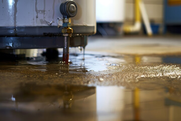 A leak is causing water to accumulate on the floor beneath a water heater in a residential garage. The floor is wet, indicating possible maintenance requirements