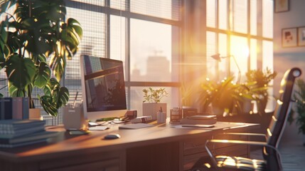 Fototapeta premium Office Workspace with Warm Golden Sunset