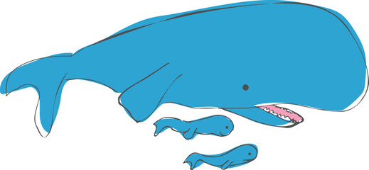 A mother whale and her baby swim happily together in the ocean.