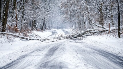 Obraz premium A snow-covered road with fallen trees from a winter storm.