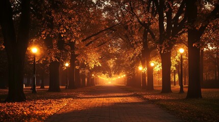 An autumnal night casts an ethereal glow on a park alley, illuminating the silhouettes of trees against a dusky sky.