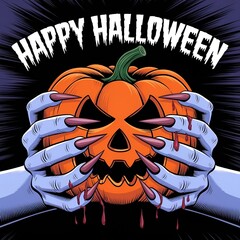 hands are holding a pumpkin with a face, generative ai