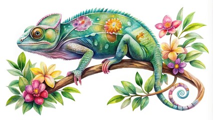 Fototapeta premium watercolor painting of chameleon on branch with leaves and flowers