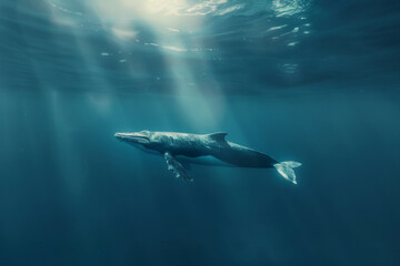 Fototapeta premium A majestic whale moves elegantly through deep blue waters, illuminated by sunlight streaming down from the surface, creating a serene underwater atmosphere