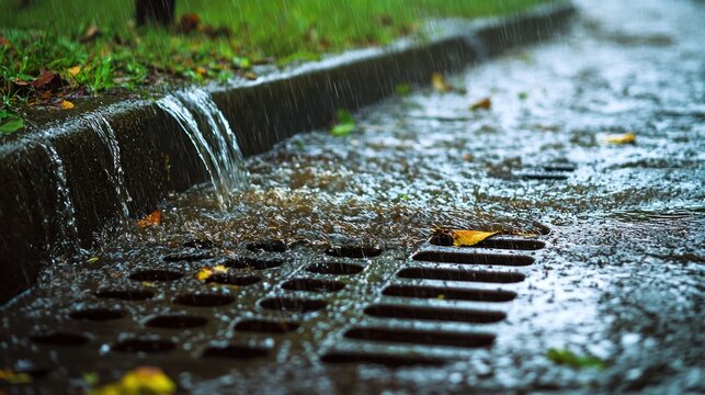 Storm drains filled with water during a heavy rain.