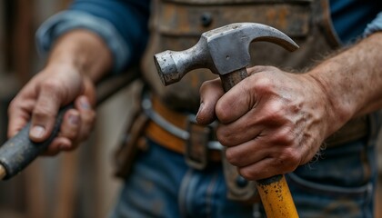Craftsman holding hammer and chisel, focused on woodworking