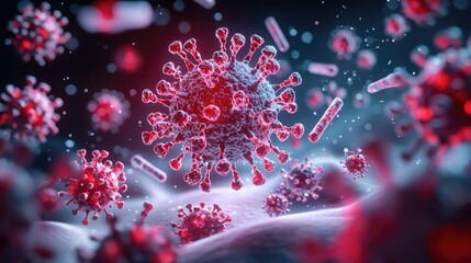 Digital illustration of coronavirus particles on a dark background