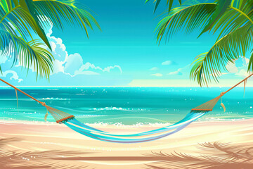 Obraz premium The tranquil hammock hangs between lush palm trees, overlooking calm turquoise waters and a sunlit horizon, creating a perfect escape for relaxation and serenity