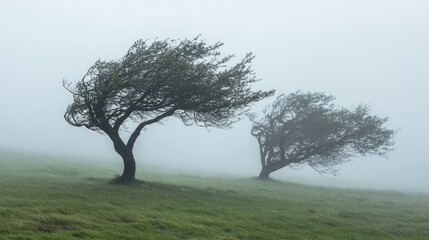 Trees bending under the pressure of a strong wind storm.
