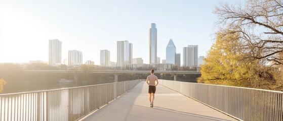 Morning Jog Along Urban Riverwalk with City Skyline and Bridges