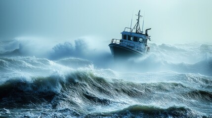 A boat navigating rough seas during a storm.