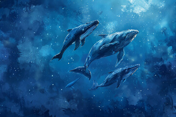 Humpback whales glide through the tranquil deep blue ocean, creating a peaceful display of movement beneath a starry night sky, showcasing their majestic presence