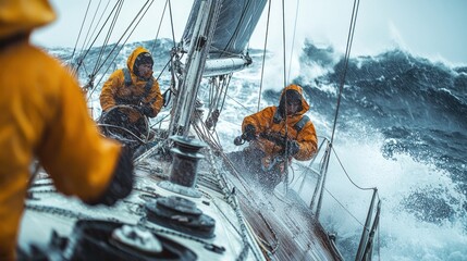 Sailors working hard to keep their boat steady in a storm.