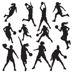 Black silhouette of a women's basketball girl player who jumps high to throw a ball into a hoop with two hands