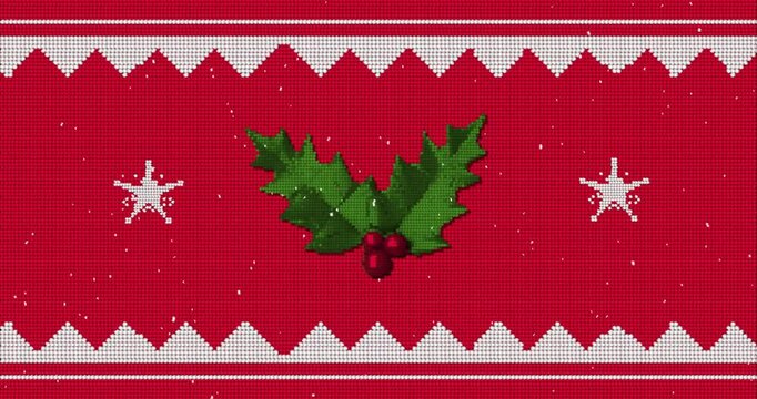 Christmas holly leaves and berries animation over red knitted pattern background