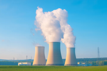 A nuclear power plant with large cooling towers emitting steam