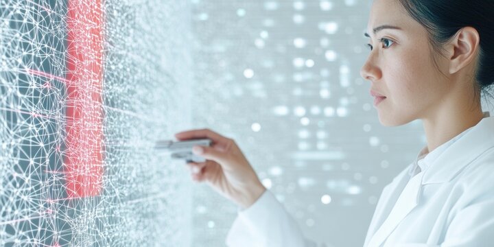 Futuristic Space Technology Interface with Focused Engineer Programming in Digital Control Center