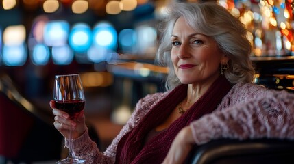 Older woman with wine, Beautiful happy mature lady drinking a glass of wine, female enjoy romantic evening party, tasting of alcoholic beverage, modern luxury restaurant bar interior in background.