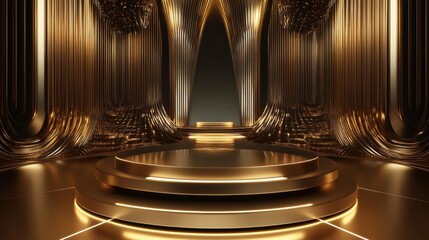 Golden futuristic product stage with intricate 3D designs creating a luxurious and contemporary setting for modern displays