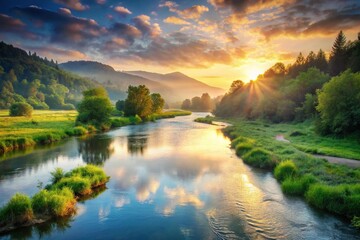 Obraz premium serene river flowing through lush valley at sunrise low angle