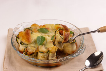 Zucchini Lasagna Rolls Stuffed with Meat Baked in Tomato Sauce