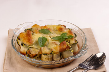 Zucchini Lasagna Rolls Stuffed with Meat Baked in Tomato Sauce