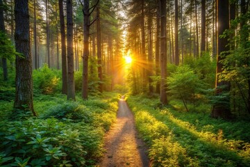 Fototapeta premium Serene sunrise hike through lush forest trail illuminated by first light of dawn