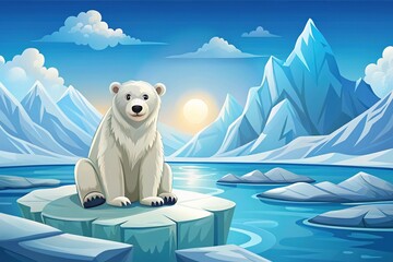 Cartoon Vector Illustration of a Funny Polar Bear on an Iceberg in the North Pole with Blue Sky and Mountains - Cute Arctic Wildlife Art for Kids and Nature Lovers