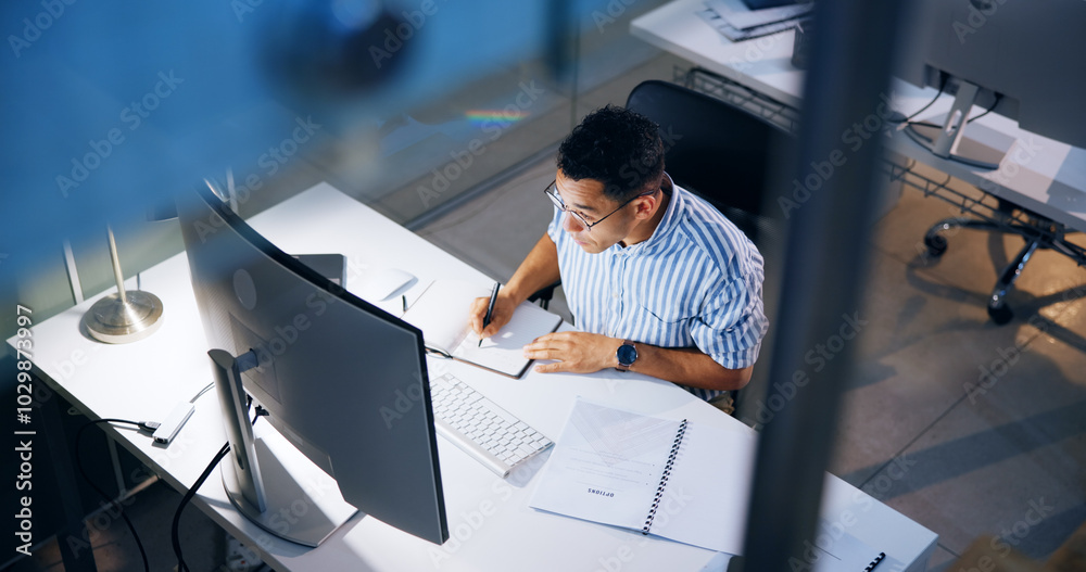 Poster Writing, research and computer with business man in office for profit margin report, client review and advisory. Project, proposal and night with person and notebook for portfolio from above
