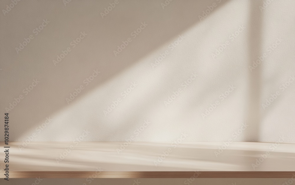 Poster sunlit wooden surface with soft beams and minimalist composition, capturing calm serenity in warm be