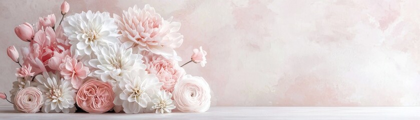 Beautiful pastel floral arrangement on a soft pink background.