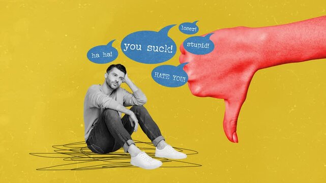 Motion collage video of sad lonely man society stereotype offender bubble thumb down bullying hate