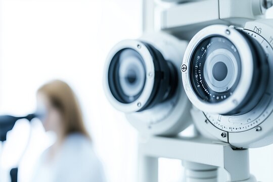 A detailed banner showcasing an eye examination with vision testing equipment, ideal for topics related to eye care, vision tests, and ophthalmology